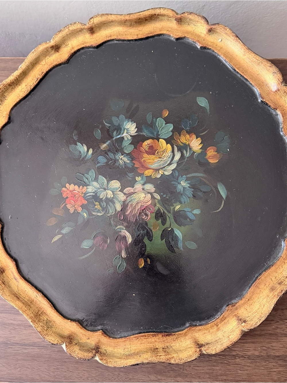 Hand-Painted Floral Decorative Tray in Black and Gold